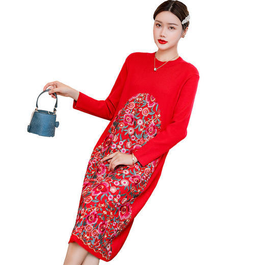 MY-201秋冬弹力宽松复古碎花刺绣中国风改良旗袍A字裙妮子连衣裙 商品图4