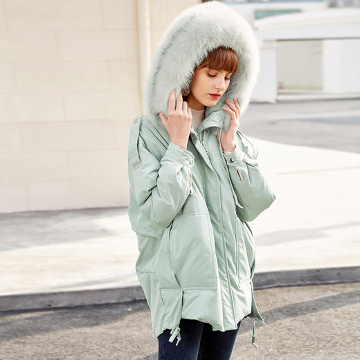 冬新款长袖貉子毛连帽大毛领羽绒服女加厚宽松bf白鸭绒外套 商品图1