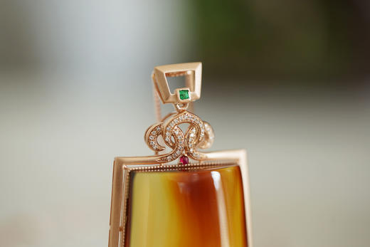 墨西哥红蓝珀18K玫瑰金镶钻方牌吊坠    特价 商品图2