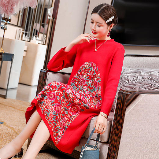 MY-201秋冬弹力宽松复古碎花刺绣中国风改良旗袍A字裙妮子连衣裙 商品图1