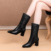 OLD-F861-3粗跟高跟尖头大码牛皮中筒靴女骑士靴加绒保暖单里 商品缩略图0