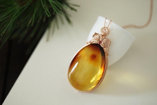 墨西哥红蓝珀18K玫瑰金镶钻水滴吊坠    特价 商品图0