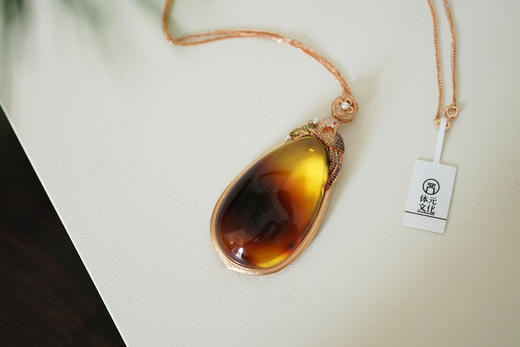 墨西哥红蓝珀18K玫瑰金镶钻水滴吊坠    特价 商品图5