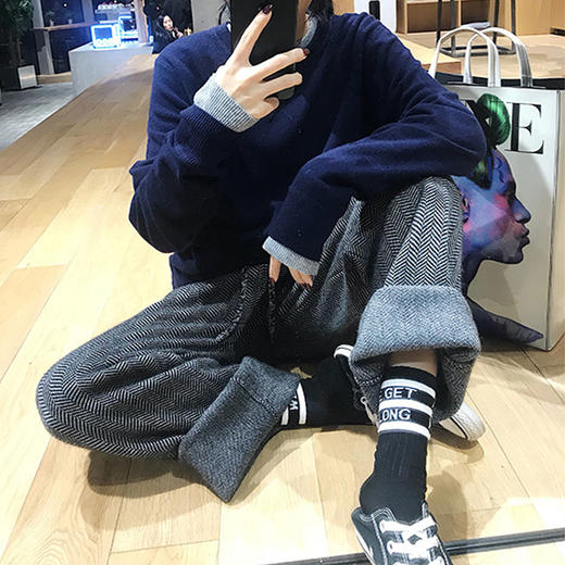 YJ-秋冬羊毛羊绒裤女宽松休闲阔腿裤高腰针织裤子人字纹毛呢外穿长裤 商品图4