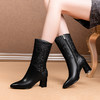 OLD-F861-3粗跟高跟尖头大码牛皮中筒靴女骑士靴加绒保暖单里 商品缩略图1