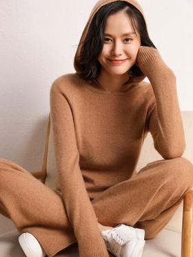 YJ-RC-2054连帽羊绒衫两件套装运动休闲宽松显瘦羊毛针织阔腿裤子