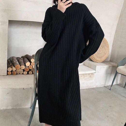 秋冬加厚中长款连衣裙针织毛衣连帽过膝长裙七夕情人节 商品图1