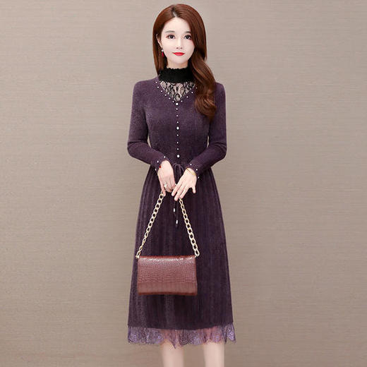 气质减龄，修身长袖时尚蕾丝水貂绒连衣裙YW-YDY-M810 商品图1