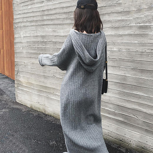 秋冬加厚中长款连衣裙针织毛衣连帽过膝长裙七夕情人节 商品图2