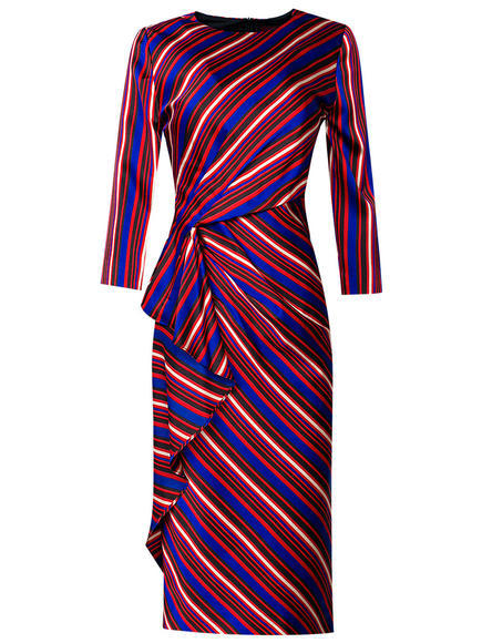 FMY-33498新款时尚名媛气质褶皱收腰圆领条纹连衣裙 商品图4