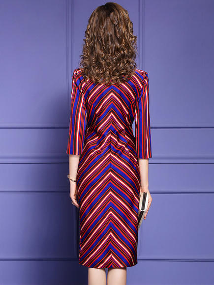 FMY-33498新款时尚名媛气质褶皱收腰圆领条纹连衣裙 商品图3