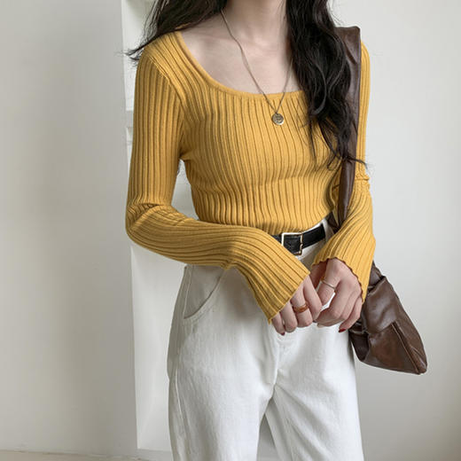 女装针织打底衫cec秋季韩版新款百搭修身U领毛衣显瘦长袖简约上衣七夕情人节 商品图0