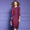FMY-33498新款时尚名媛气质褶皱收腰圆领条纹连衣裙 商品缩略图0