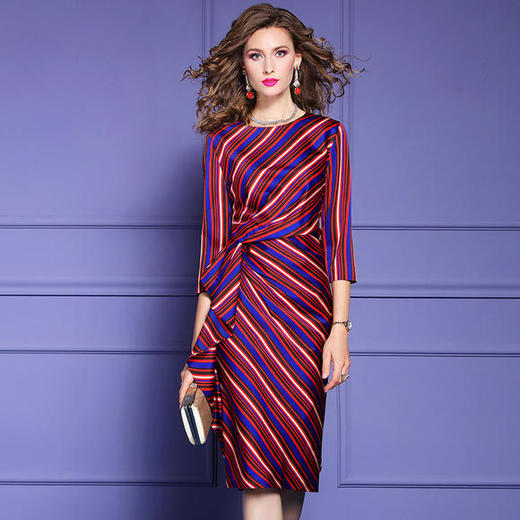 FMY-33498新款时尚名媛气质褶皱收腰圆领条纹连衣裙 商品图0