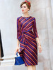 FMY-33498新款时尚名媛气质褶皱收腰圆领条纹连衣裙 商品缩略图2