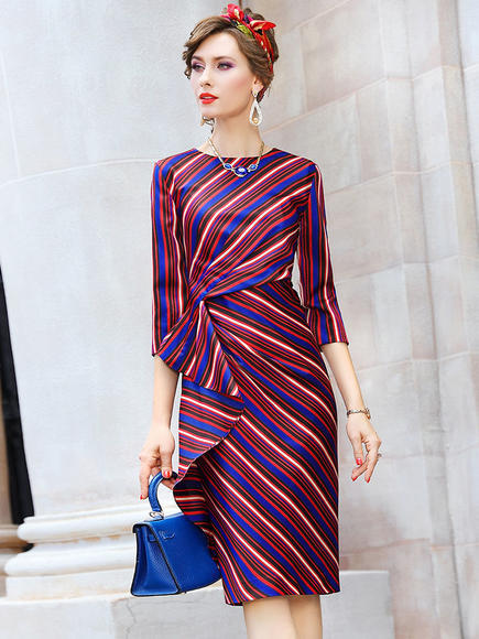 FMY-33498新款时尚名媛气质褶皱收腰圆领条纹连衣裙 商品图2
