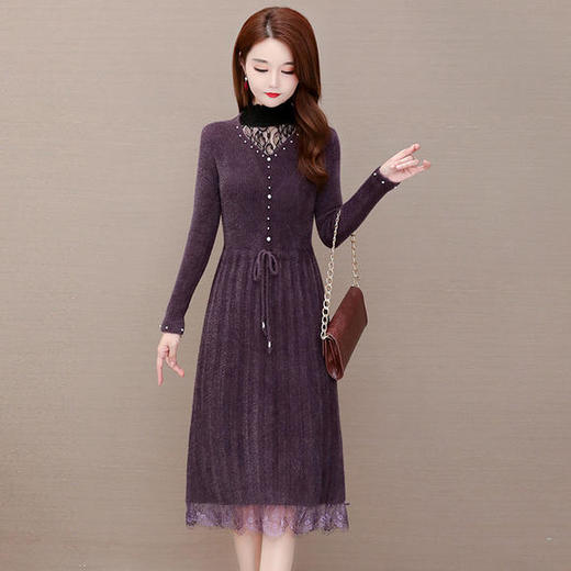 气质减龄，修身长袖时尚蕾丝水貂绒连衣裙YW-YDY-M810 商品图0