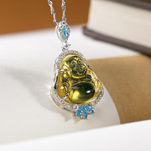 S925纯银，天然墨西哥蓝珀套链个性弥勒佛吊坠CW 商品图1