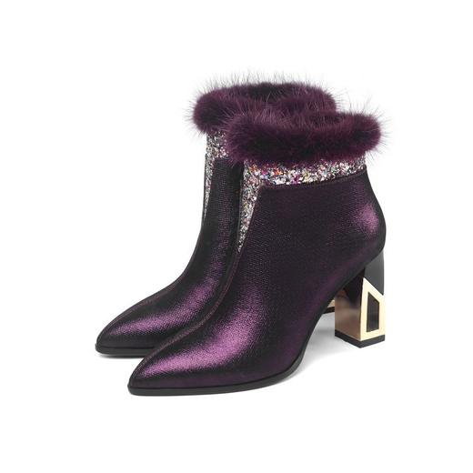 OLD-D192时尚貂毛短靴女高跟鞋冬季真皮尖头靴子女加绒粗跟 商品图3