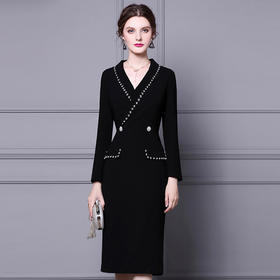 ZL-SY2018御姐连衣裙气质轻熟风秋款西装领钉珠长袖中长款裙