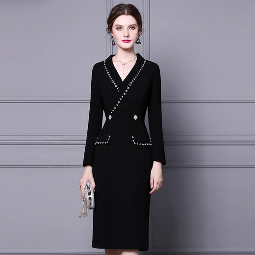 ZL-SY2018御姐连衣裙气质轻熟风秋款西装领钉珠长袖中长款裙 商品图0