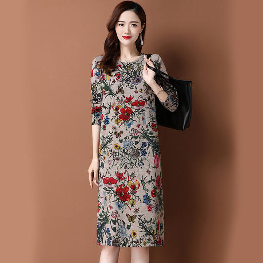 BY-9903秋冬加长款印花毛衣纯羊绒衫女过膝羊毛连衣裙 商品图1