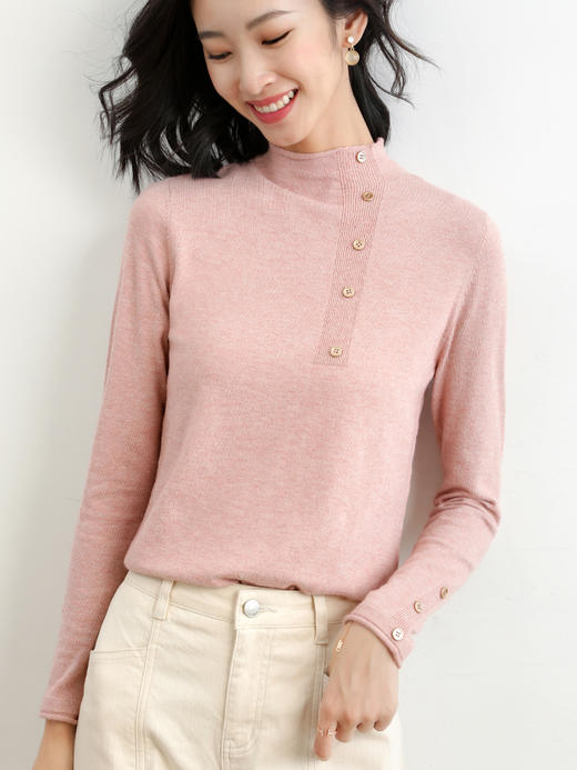 粉色卷边半高领毛衣设计感小众纽扣装饰针织衫12