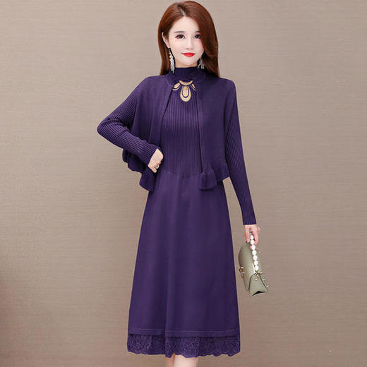 WH-JLNH-W8171-Y秋冬新款时尚气质蕾丝针织连衣裙两件套 商品图3