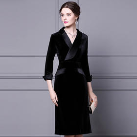 ZL-XQ1196金丝绒连衣裙西装领新款御姐范过膝收腰显瘦打底裙