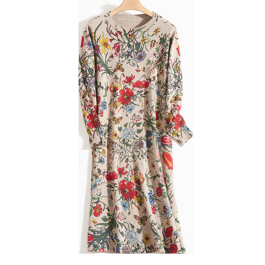 BY-9903秋冬加长款印花毛衣纯羊绒衫女过膝羊毛连衣裙 商品图4