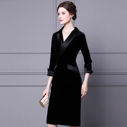 ZL-XQ1196金丝绒连衣裙西装领新款御姐范过膝收腰显瘦打底裙 商品图2