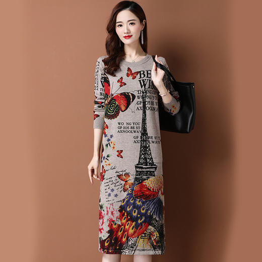 BY-9903秋冬加长款印花毛衣纯羊绒衫女过膝羊毛连衣裙 商品图3