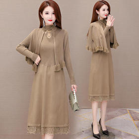 WH-JLNH-W8171-Y秋冬新款时尚气质蕾丝针织连衣裙两件套