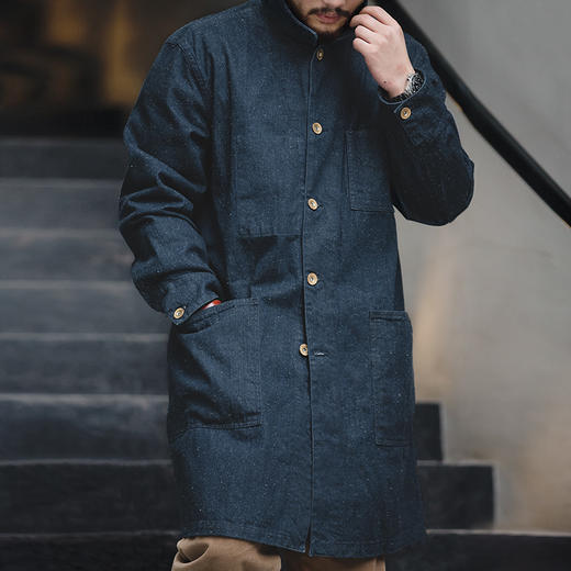 马登工装美式复古赤耳丹宁雪花牛仔大衣做旧翻领长款风衣外套男潮 商品图2