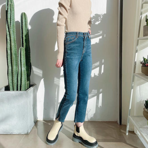 毛边高腰直筒牛仔裤弹力显瘦烟管裤女 商品图2