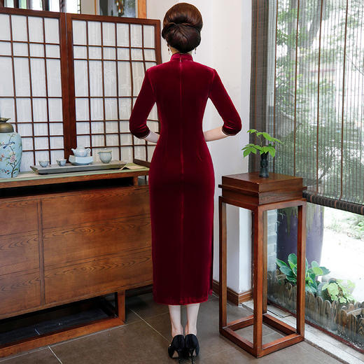 QQ-888纯色改良时尚潮人金丝绒长款旗袍连衣裙中国风妈妈装礼服 商品图3