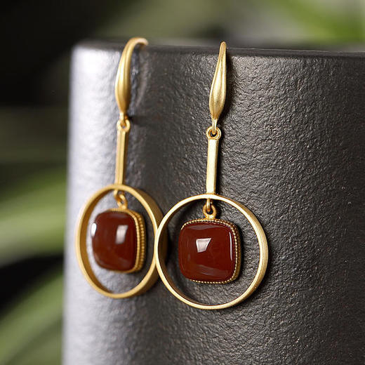 高档S925纯银南红玛瑙几何镀金耳钩气质复古原创耳饰 CW85-22 商品图1