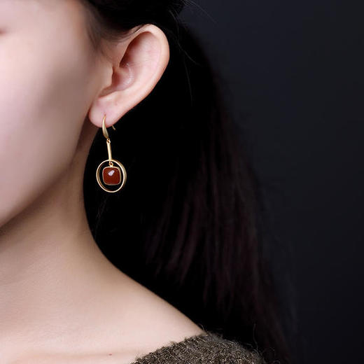 高档S925纯银南红玛瑙几何镀金耳钩气质复古原创耳饰 CW85-22 商品图4