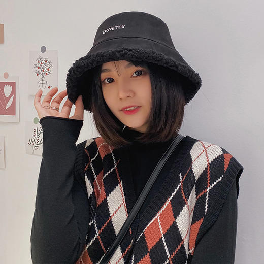 秋冬新款羊羔毛韩版百搭潮休闲水桶盆帽刺绣字母鹿皮绒渔夫帽 商品图1