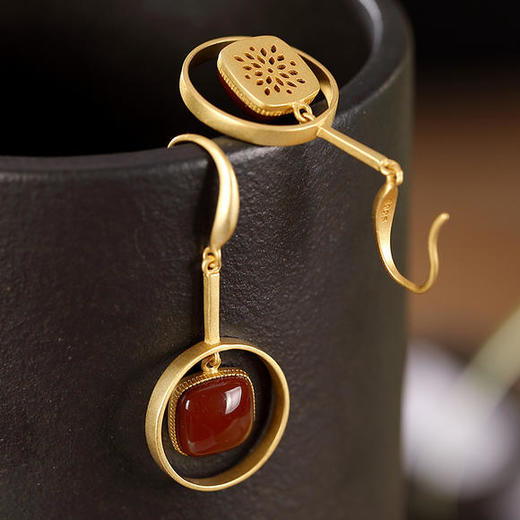 高档S925纯银南红玛瑙几何镀金耳钩气质复古原创耳饰 CW85-22 商品图2