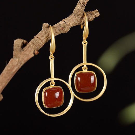 高档S925纯银南红玛瑙几何镀金耳钩气质复古原创耳饰 CW85-22 商品图0