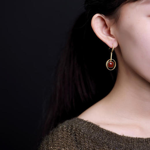 高档S925纯银南红玛瑙几何镀金耳钩气质复古原创耳饰 CW85-22 商品图3