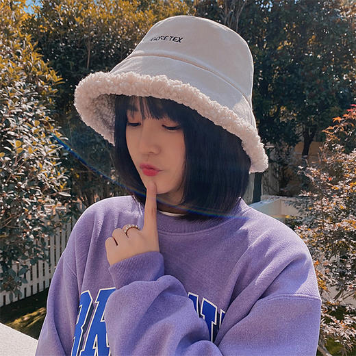 秋冬新款羊羔毛韩版百搭潮休闲水桶盆帽刺绣字母鹿皮绒渔夫帽 商品图0