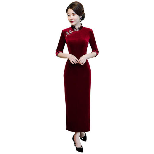 QQ-888纯色改良时尚潮人金丝绒长款旗袍连衣裙中国风妈妈装礼服 商品图4