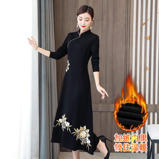 QYXL-1605加绒改良旗袍女中长款中国风复古刺绣加厚祺袍连衣裙 商品图0