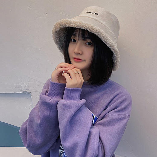 秋冬新款羊羔毛韩版百搭潮休闲水桶盆帽刺绣字母鹿皮绒渔夫帽 商品图2