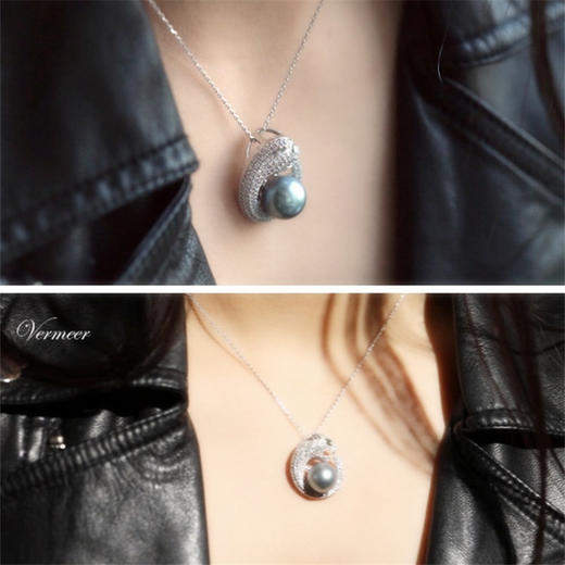 vermeer大溪地海水黑灰珍珠奢华大气豹头款925银吊坠项链11-12mm 送妈妈 商品图2