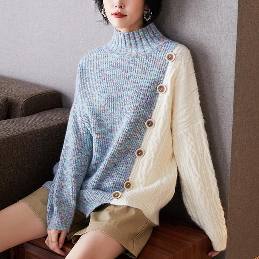 286半高领毛衣女秋冬宽松外穿2020年新款女士加厚拼色粗线中领打底衫