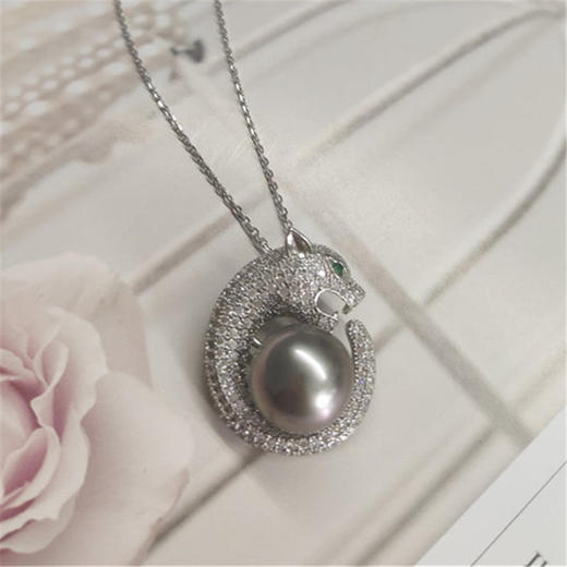 vermeer大溪地海水黑灰珍珠奢华大气豹头款925银吊坠项链11-12mm 送妈妈 商品图3