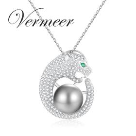 vermeer大溪地海水黑灰珍珠奢华大气豹头款925银吊坠项链11-12mm 送妈妈